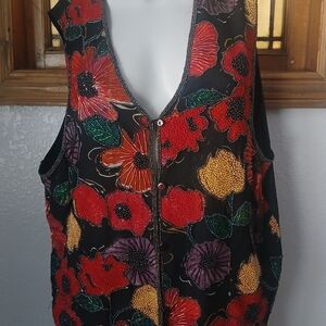 Vintage Beaded Floral Women's Vest Top, Large, Button Indie Cottage Festival